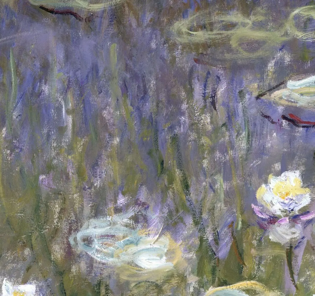 Macro detail of a Monet Water Lilies canvas showing separate violet, green, cream and blue strokes side by side