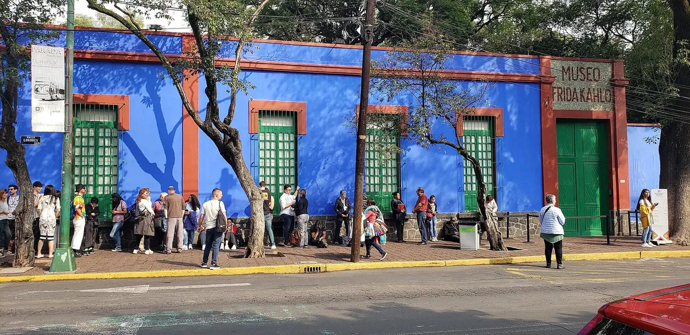 The exterior of the Casa Azul, Frida Kahlo's cobalt blue house in Coyoacán, Mexico City