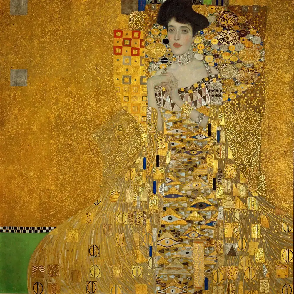 Gustav Klimt, Portrait of Adele Bloch-Bauer I, 1907, woman in a gold ornamented dress against a gold field