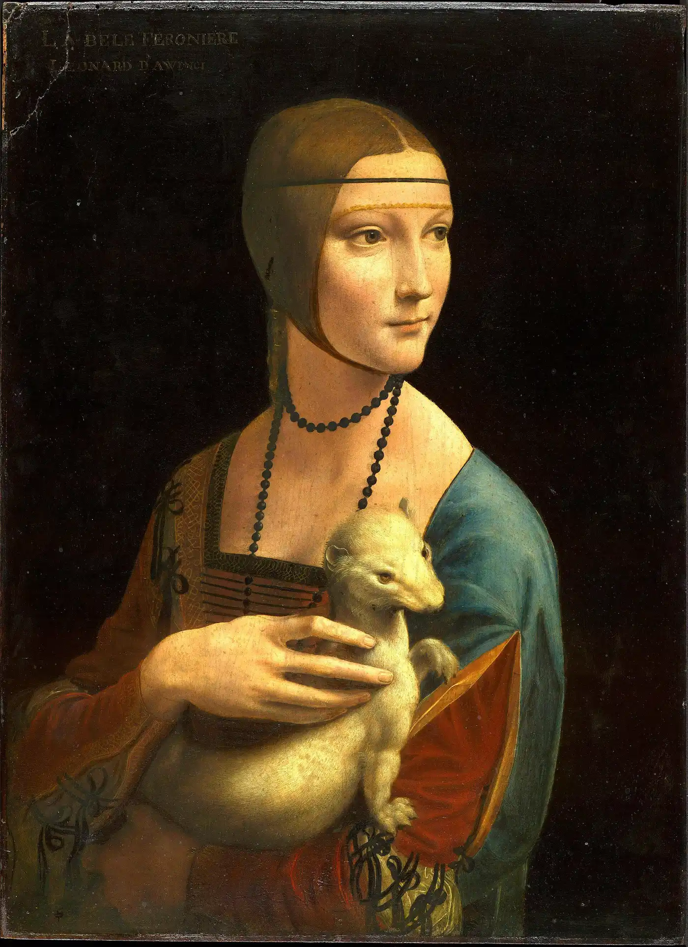 Leonardo da Vinci, Lady with an Ermine, c. 1489–91, a young woman holding a white ermine