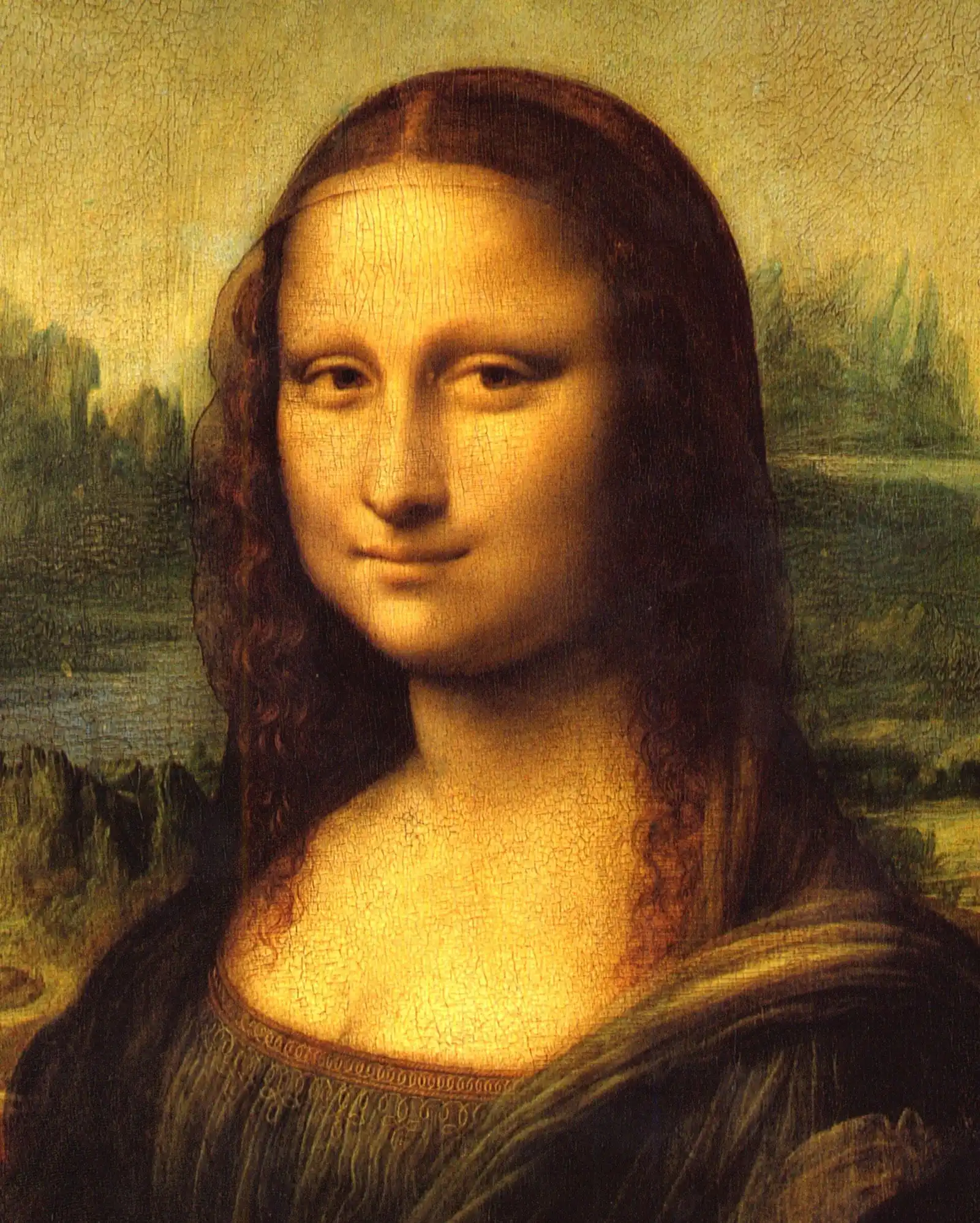 Close view of the Mona Lisa's face showing the gradual shading around the eyes and mouth with no visible edges