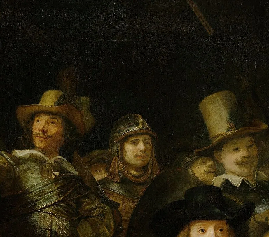 Detail from The Night Watch showing lit faces and armour emerging from a nearly bare dark ground
