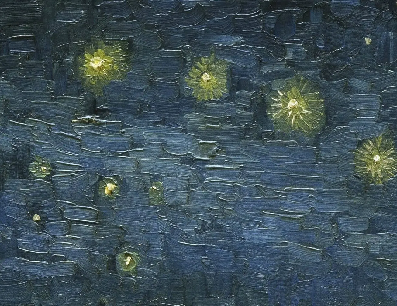 Macro detail of the sky in The Starry Night showing thick ridged brushstrokes and raised paint