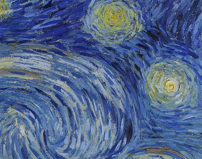 Detail of the swirling sky in The Starry Night showing thick directional brushstrokes
