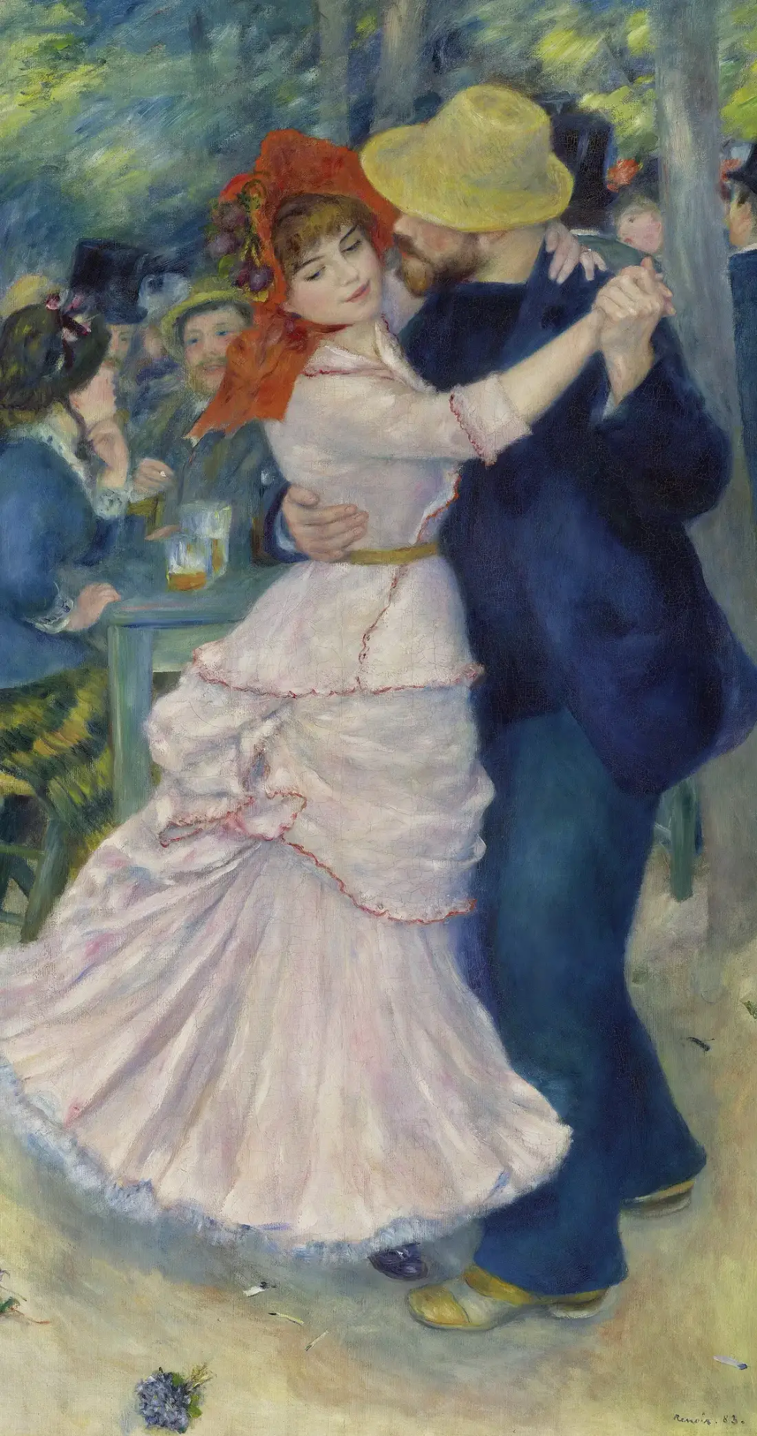Renoir's Dance at Bougival: a couple dancing outdoors, the woman in a white dress and red bonnet.