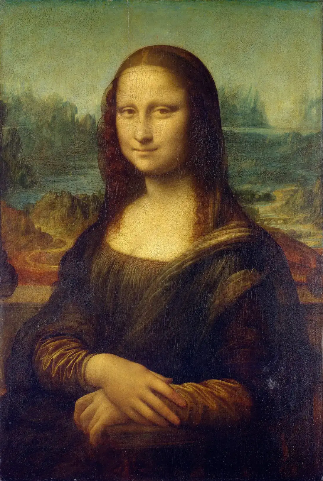 Leonardo's Mona Lisa: a seated woman with folded hands before a hazy landscape.