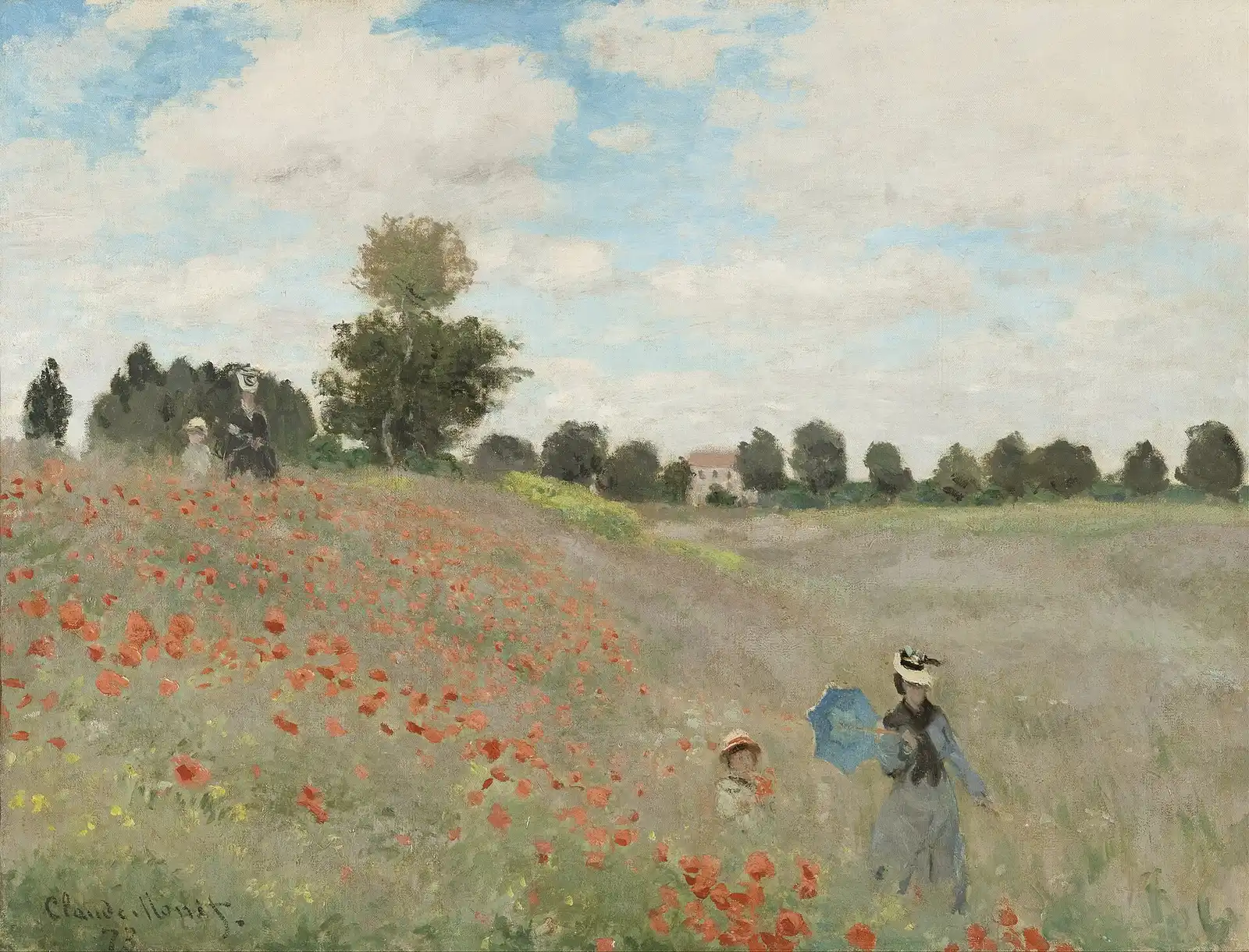 Monet's Poppy Field: a woman and child walking down a slope of red poppies under a summer sky.