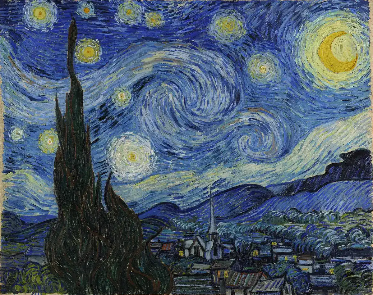 Van Gogh's The Starry Night: a swirling blue night sky over a village with a dark cypress at the left.