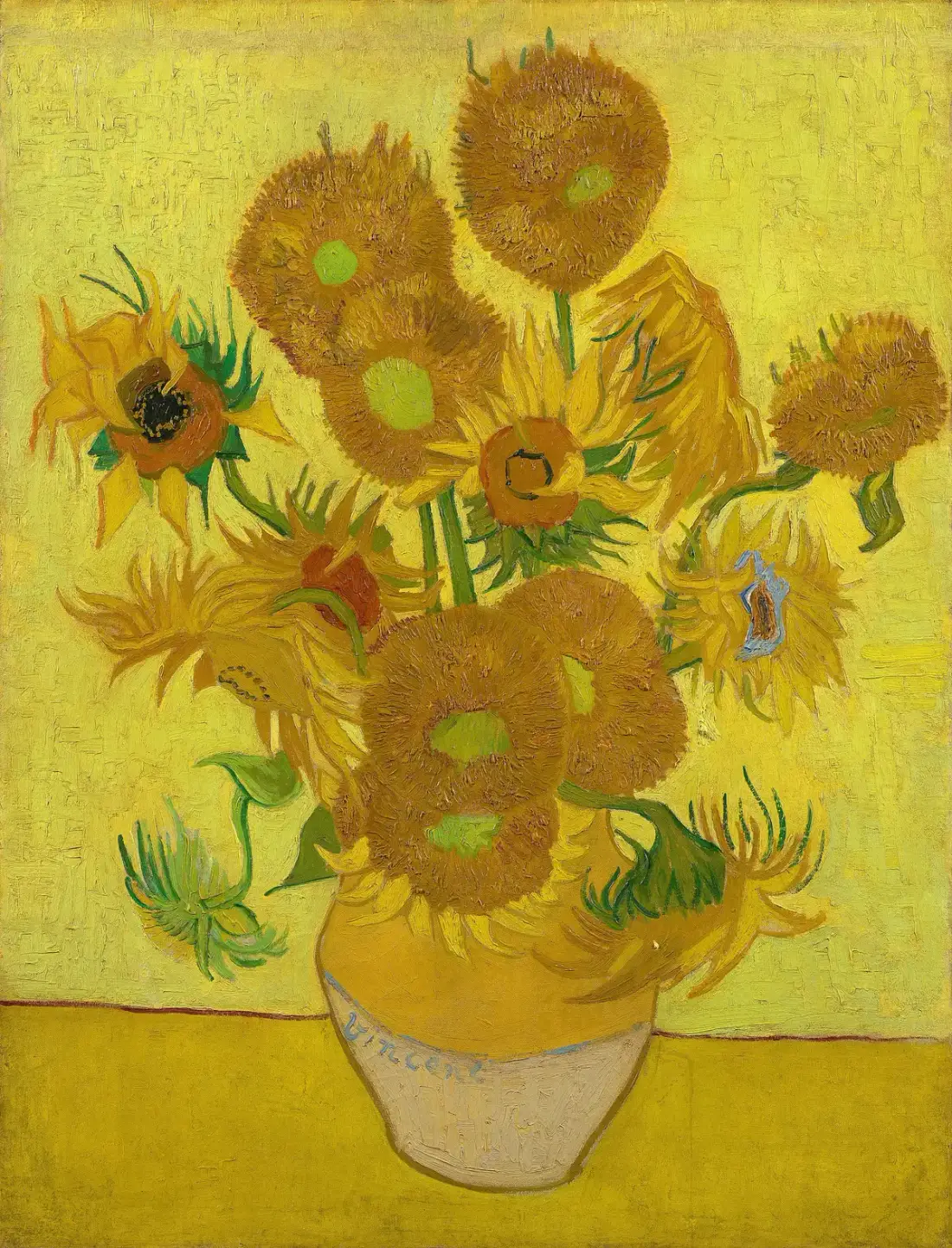 Van Gogh's Sunflowers: fifteen sunflowers in a yellow vase against a pale yellow wall.