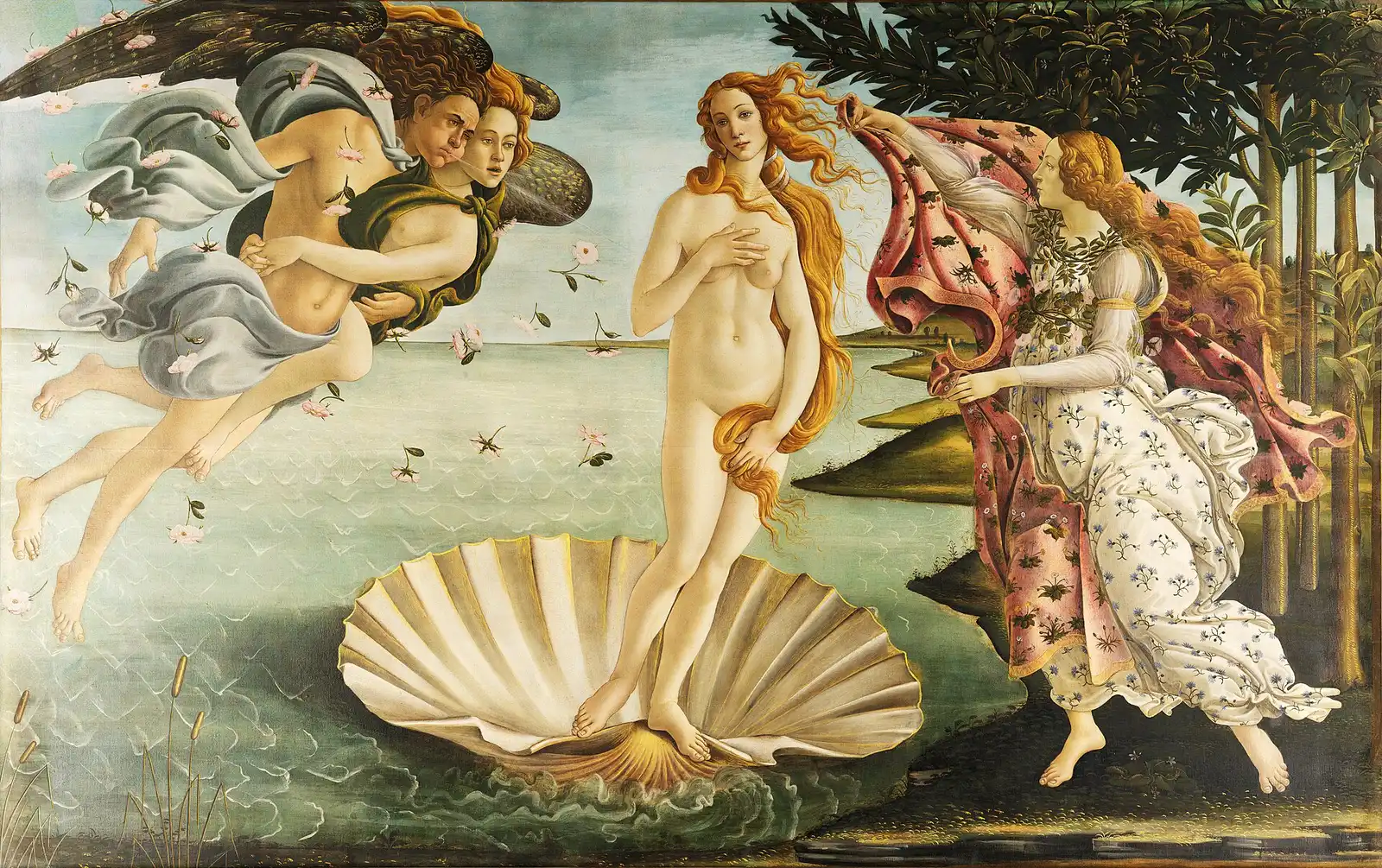 Botticelli's The Birth of Venus: Venus standing on a shell as she arrives on shore.