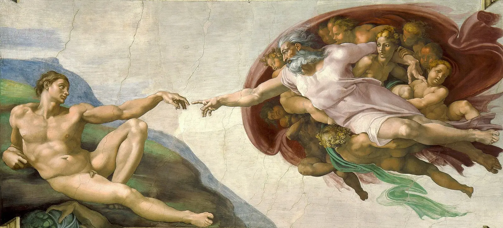 Michelangelo's The Creation of Adam: God reaching out to touch Adam's finger on the Sistine ceiling.