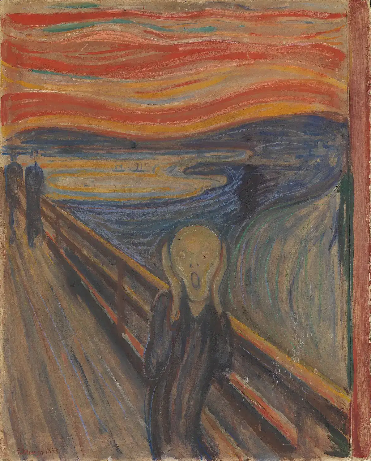 Munch's The Scream: a figure on a bridge holding its face under a sky of red and orange bands.