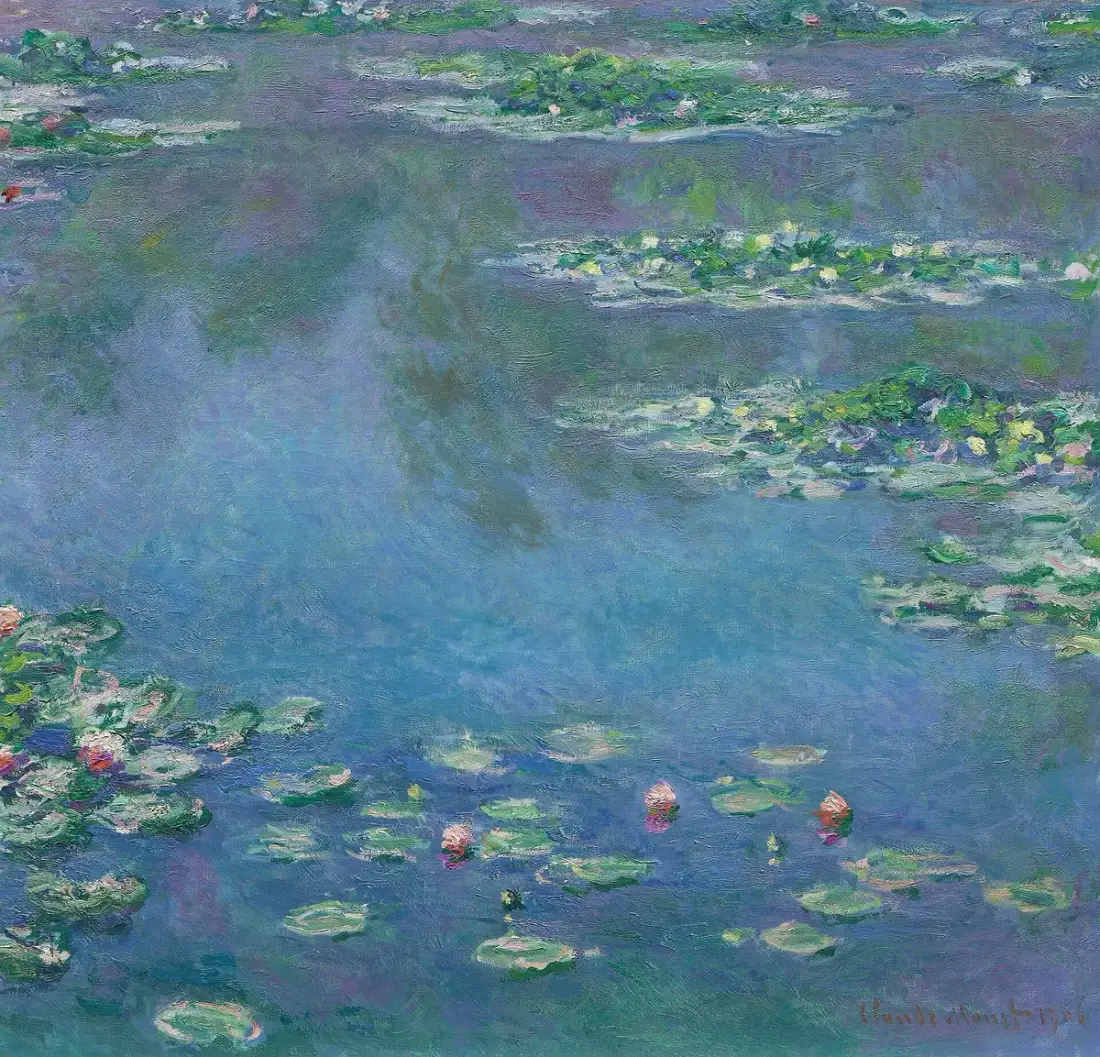 Monet's Water Lilies of 1906: lily pads on green and violet water with no horizon.