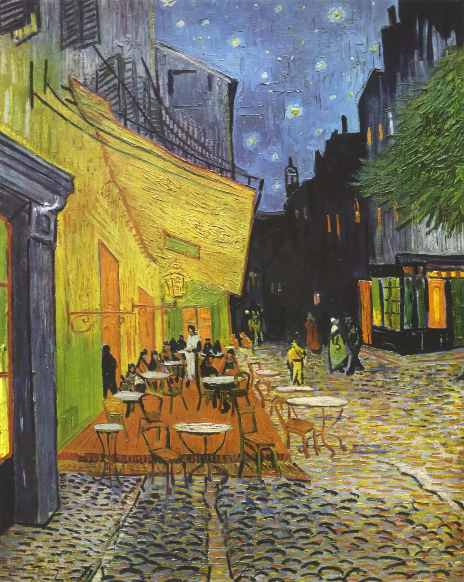 Van Gogh's Cafe Terrace at Night: a yellow gas-lit terrace on the left, a blue starry street receding on the right.