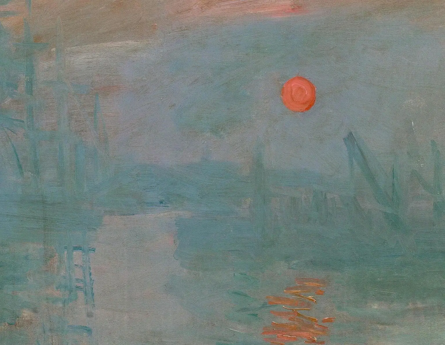 Detail of Impression, Sunrise showing the orange sun disc against grey-blue mist, with orange strokes of reflection on the water below.