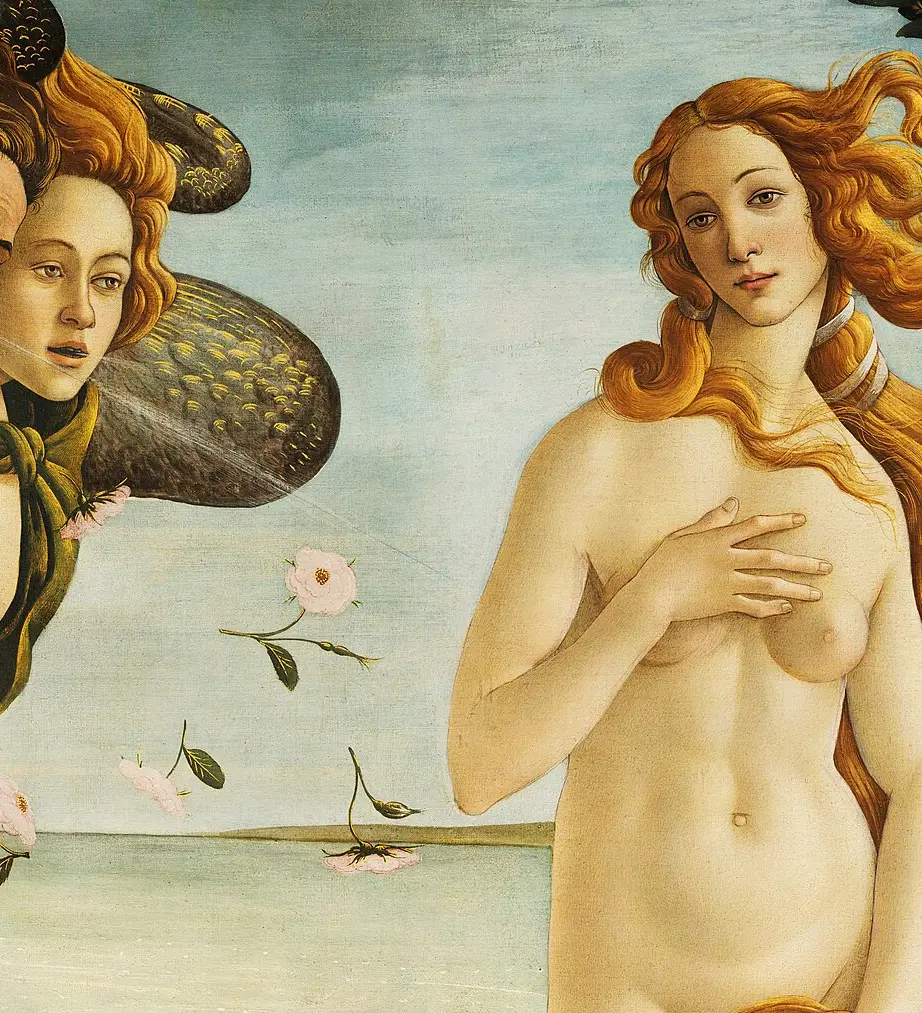 Detail of Venus's torso and the head of Zephyr's companion, showing the hard outline around the body and the flat, thin paint.