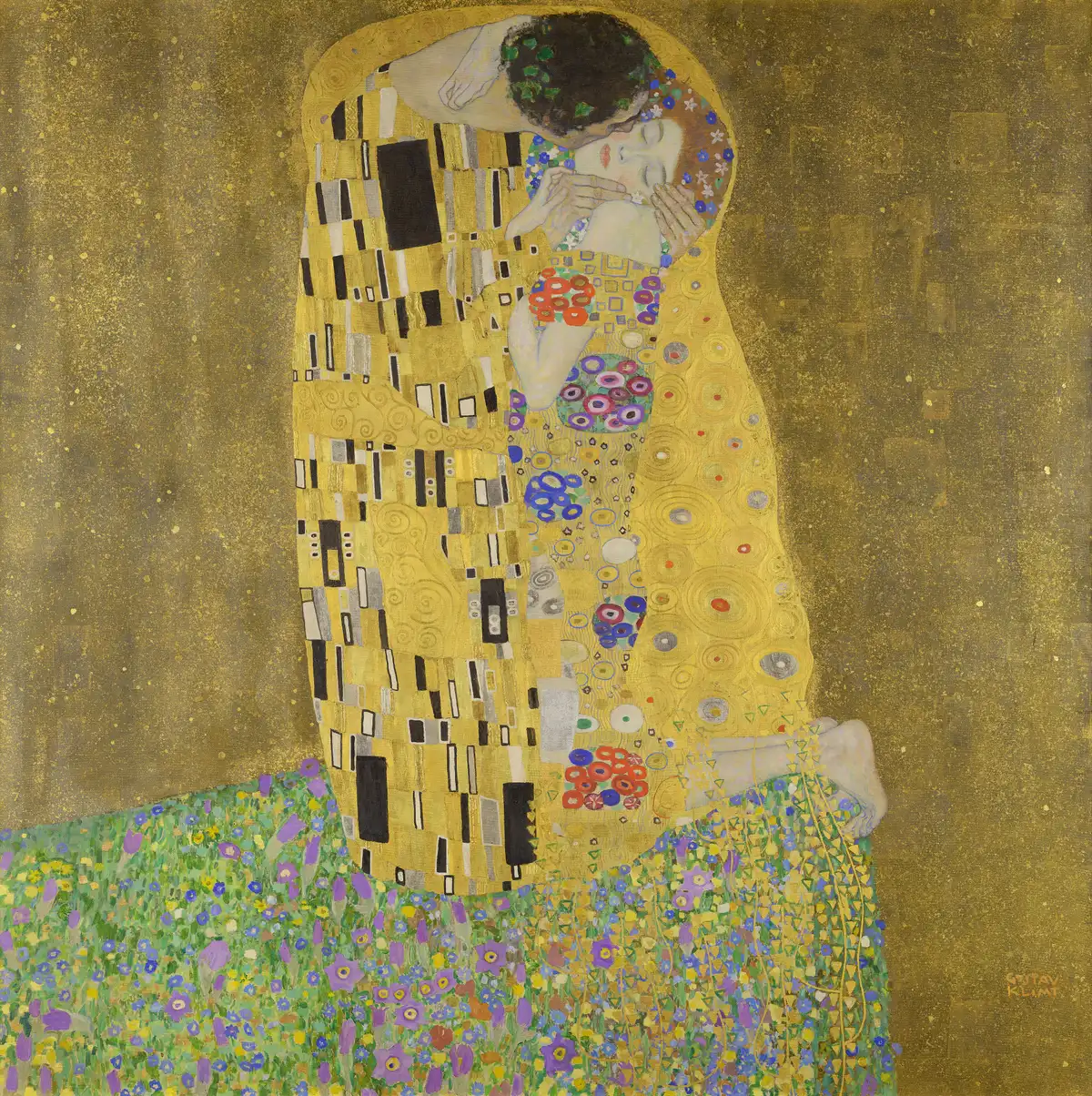 Gustav Klimt's The Kiss: a couple kneeling in a flowered meadow, wrapped in a gold robe patterned with rectangles and circles.