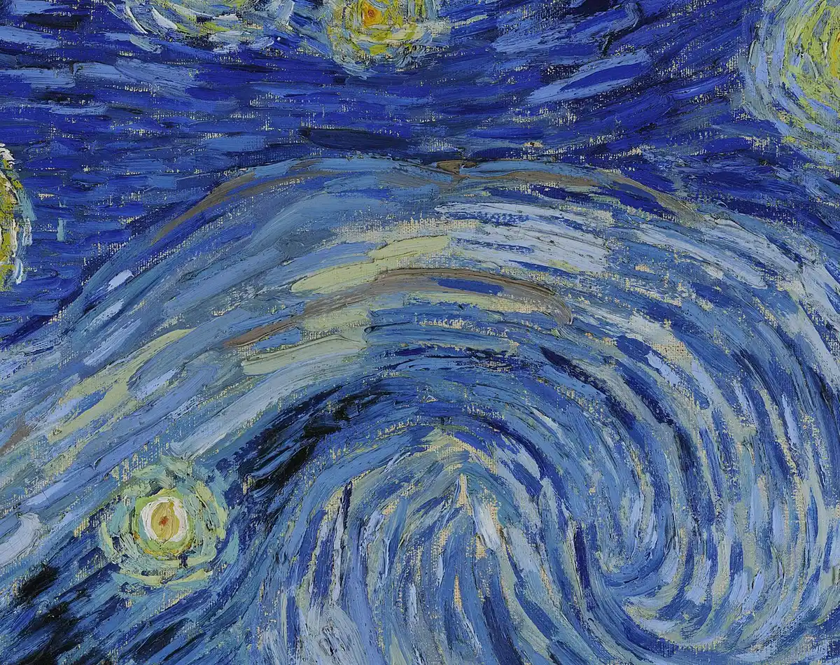 Detail of The Starry Night showing the central swirl built from separate ridged strokes, with bare canvas weave visible between them.