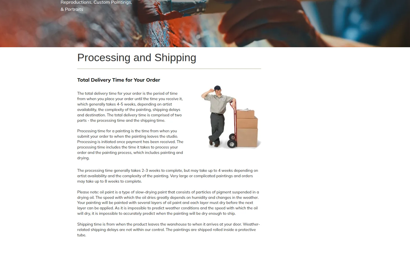The Processing and Shipping page at 1st Art Gallery, giving processing times and the free shipping terms