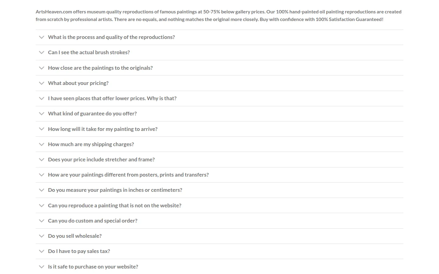 The archived ArtsHeaven FAQ page listing the returns, shipping and canvas terms