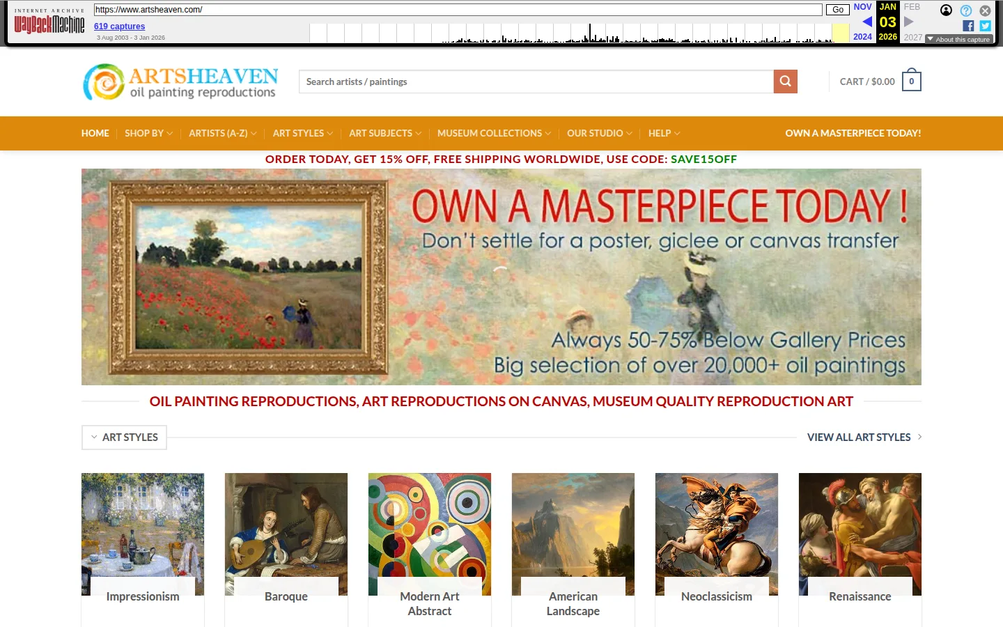 The archived ArtsHeaven home page from the Internet Archive capture of 3 January 2026