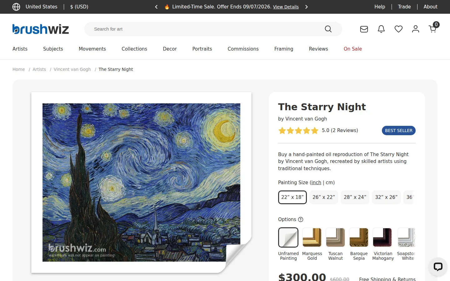 The Starry Night product page at BrushWiz, showing nine sizes, frame options and the processing time