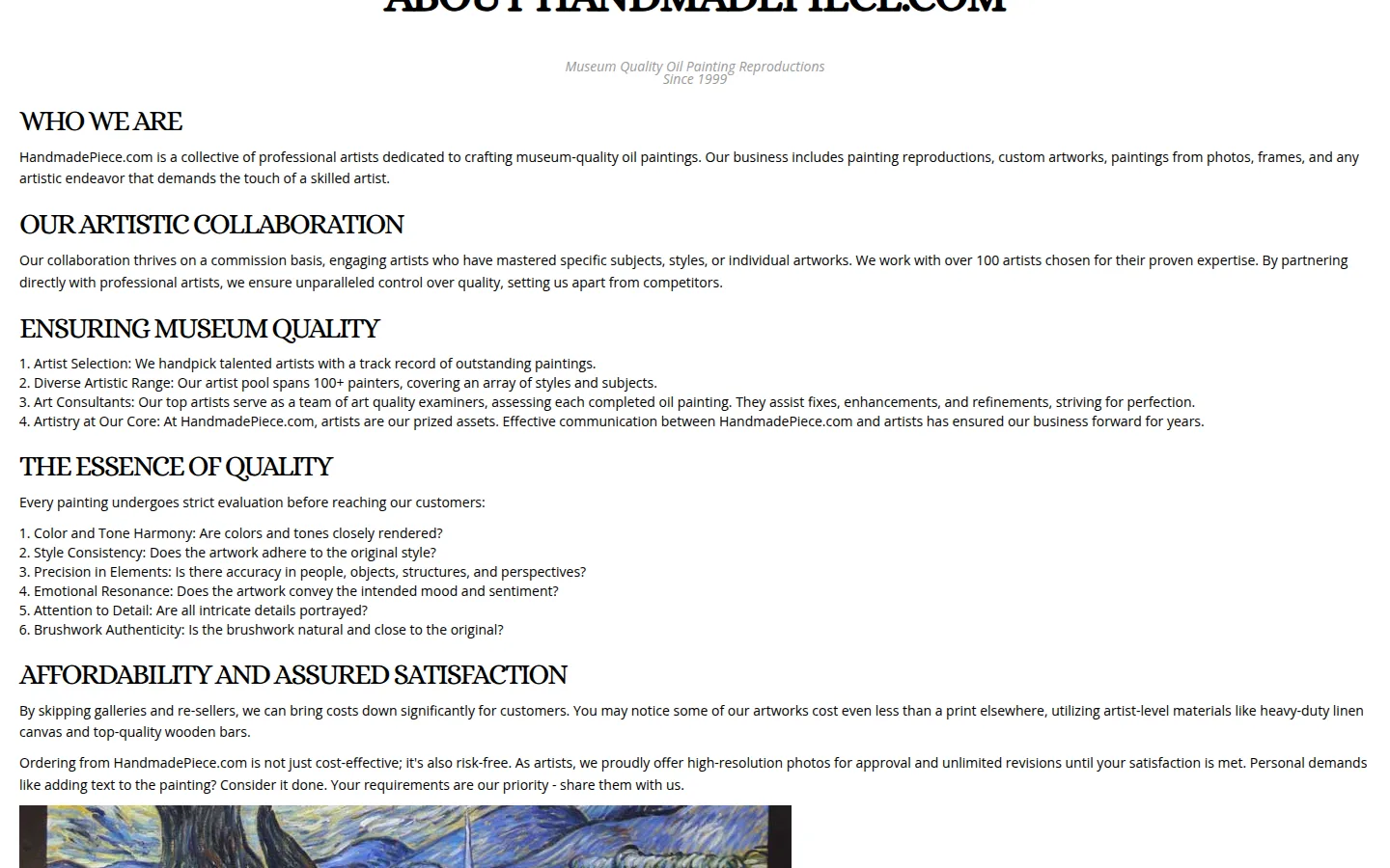 The HandmadePiece About page, describing the artist network, quality checks and materials