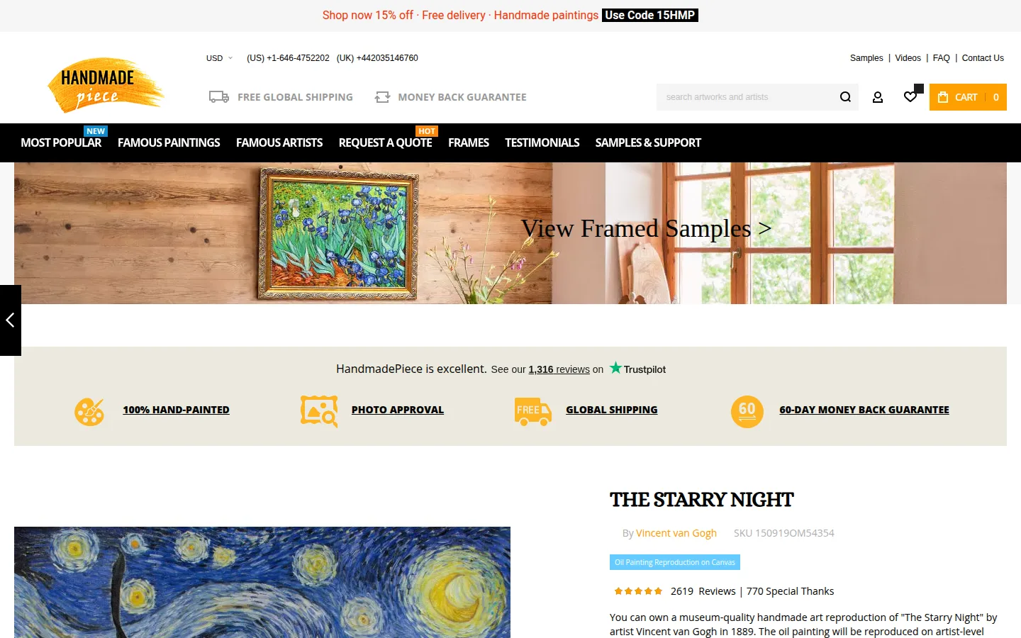 The Starry Night product page at HandmadePiece, showing thirteen sizes, the frame gallery and the guarantee banners