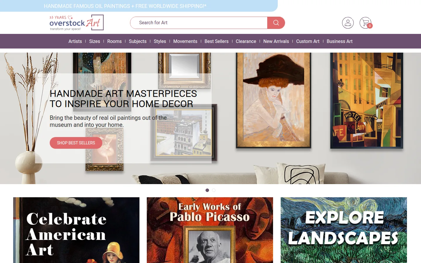 The overstockArt home page, with the handmade oil paintings banner and category navigation