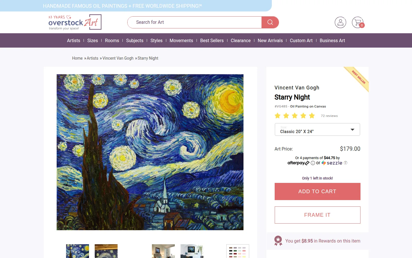 The Starry Night product page at overstockArt, showing six sizes and the certificate of authenticity note