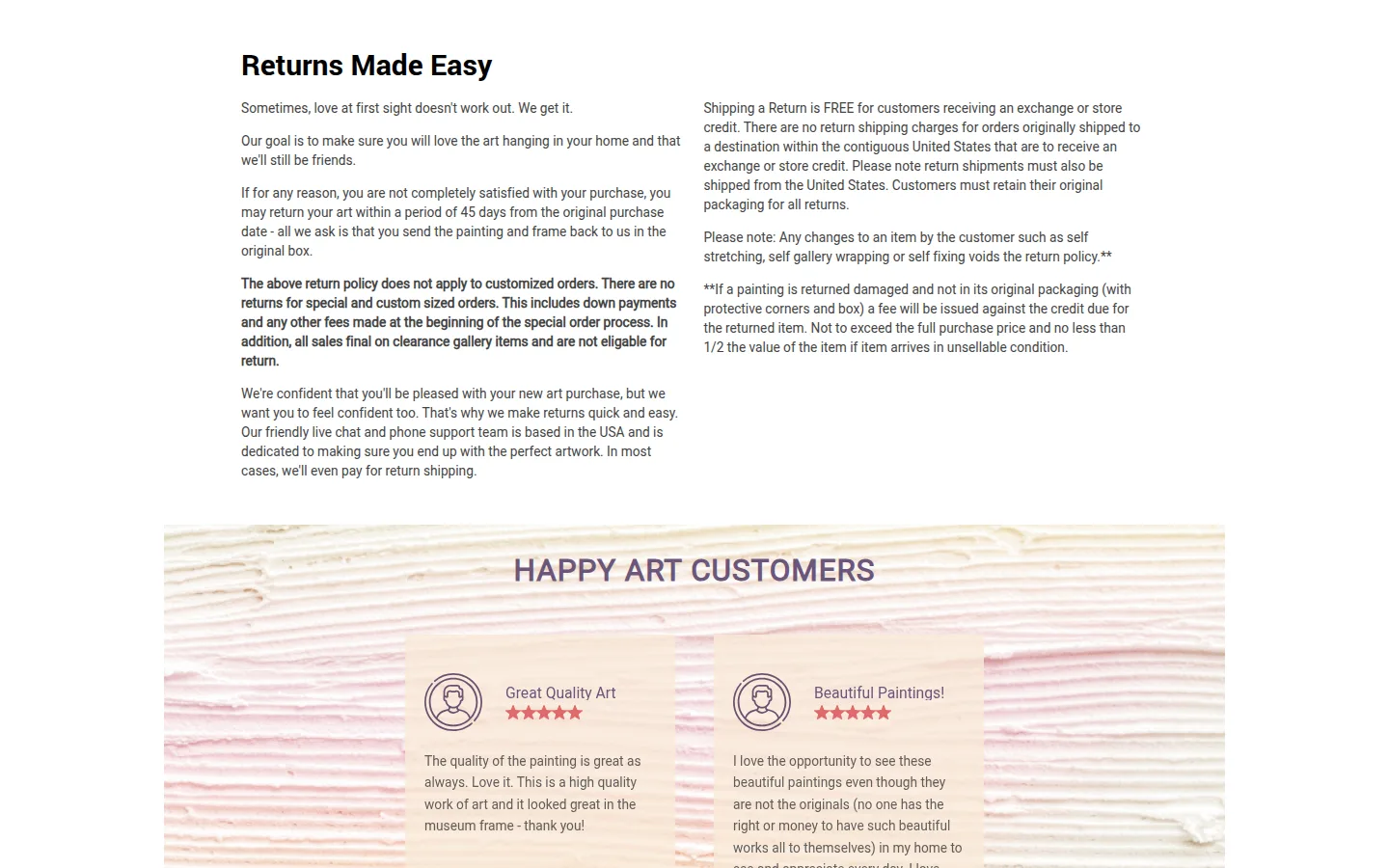The overstockArt returns page, describing the 45-day window and who pays return shipping