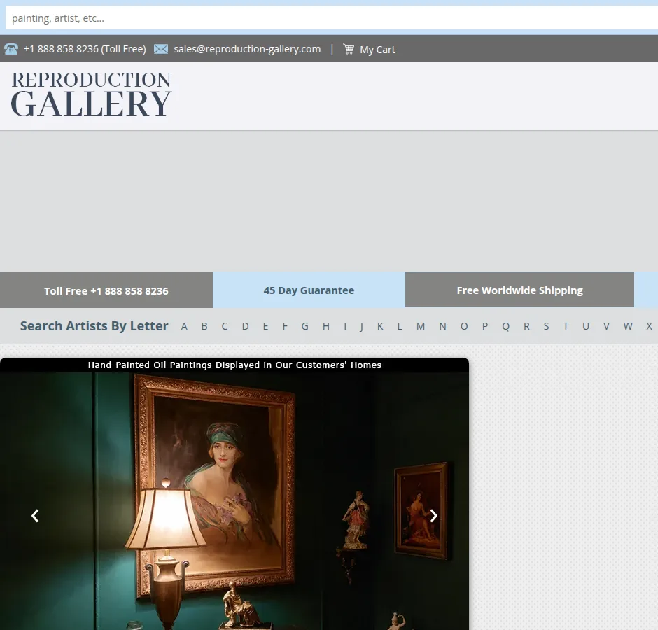 The Reproduction Gallery home page, cropped to the masthead and the three claim bars