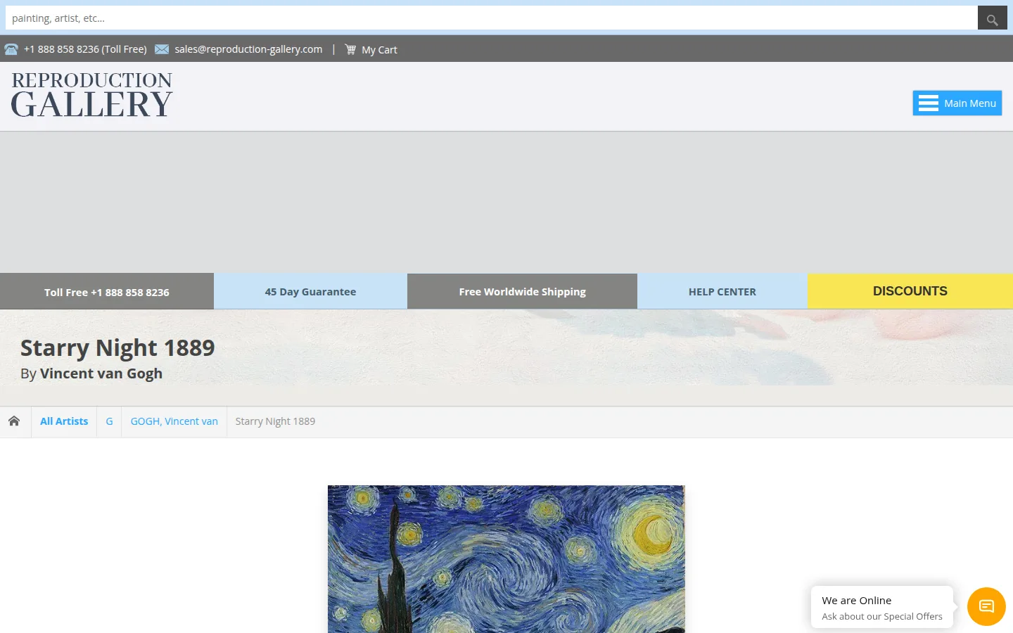 The Starry Night product page at Reproduction Gallery, showing the long list of proportional sizes and prices