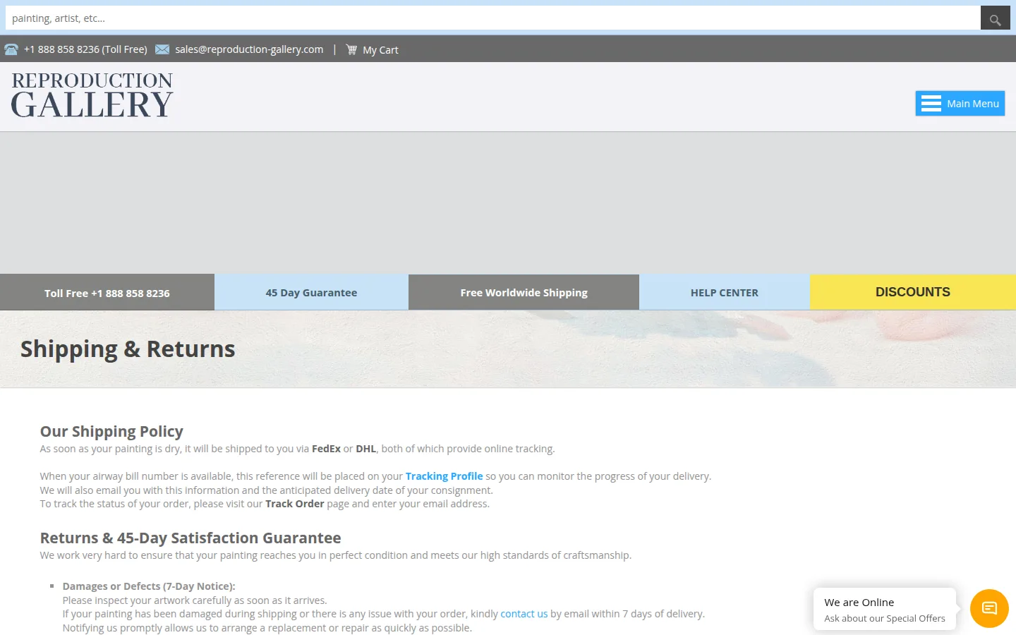 The Reproduction Gallery shipping and returns page, showing the 45-day guarantee and the 7-day damage notice