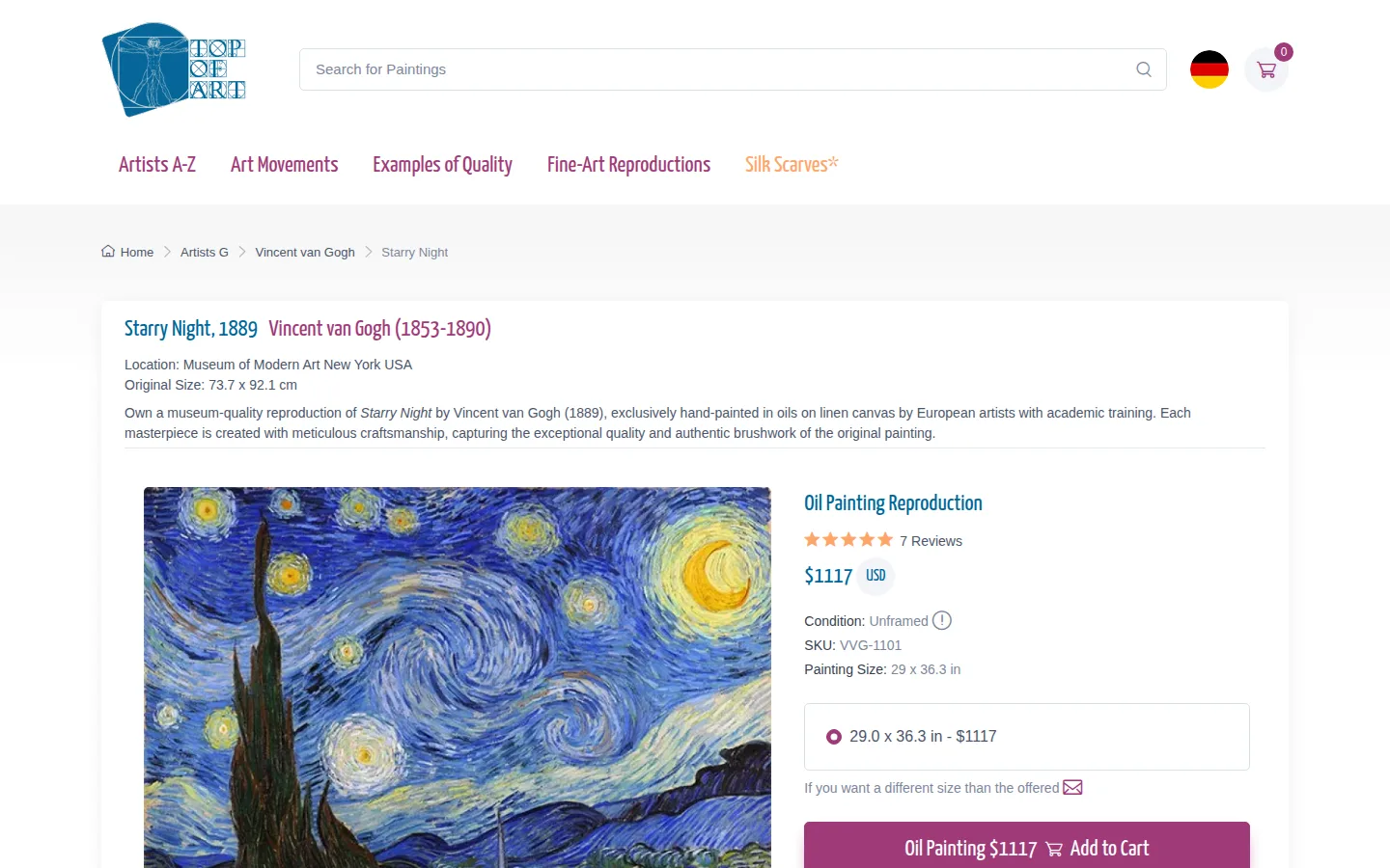 The Starry Night product page at TOPofART, showing the single size, the linen canvas claim and the 8 to 9 week creation time