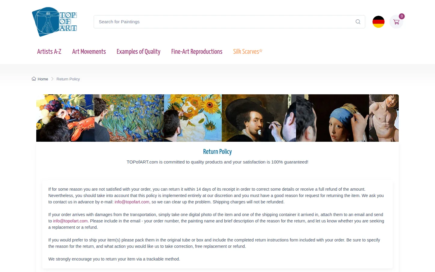 The TOPofART return policy page, showing the 14-day window and the discretion clause