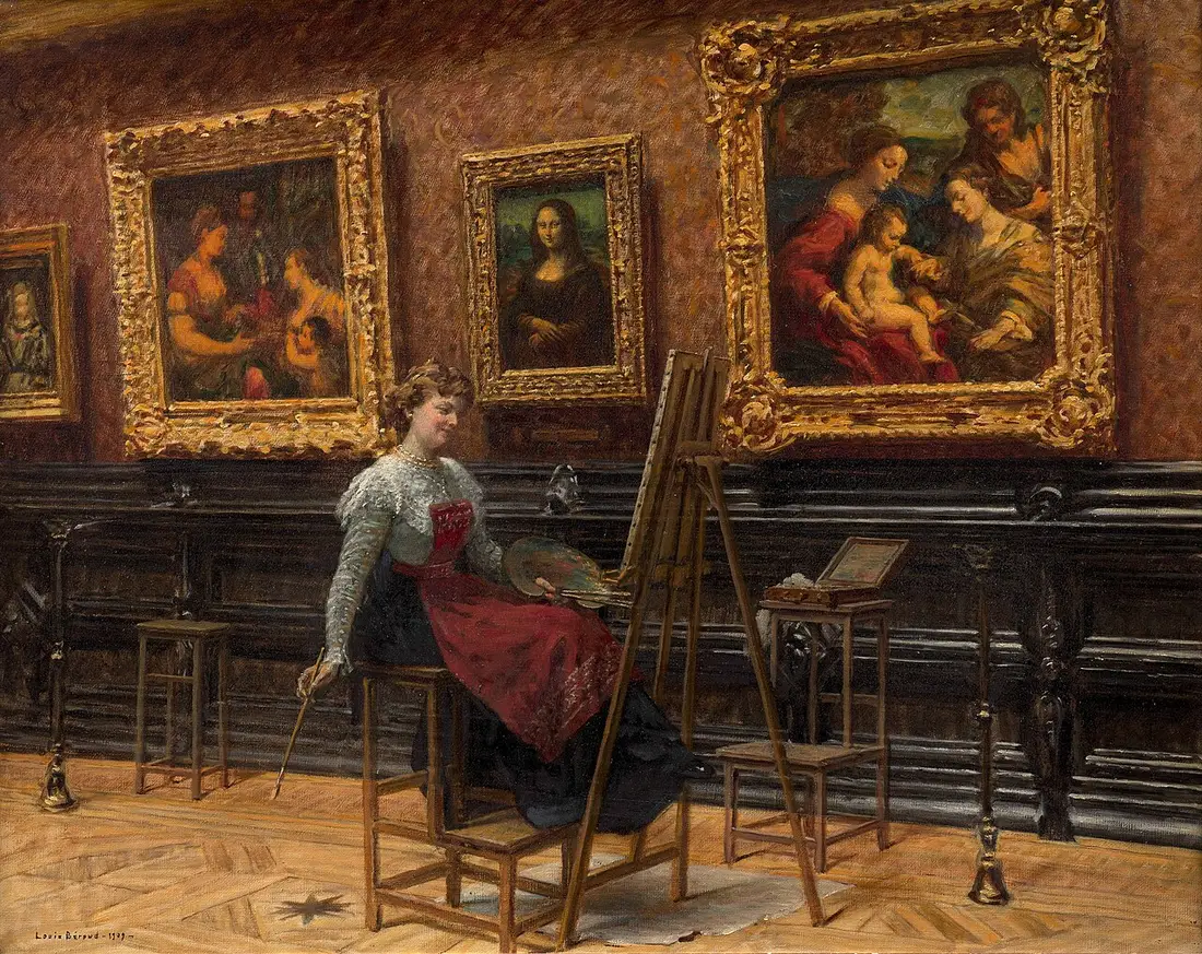 Louis Béroud's 1909 painting of a copyist at her easel in front of the Mona Lisa in the Louvre