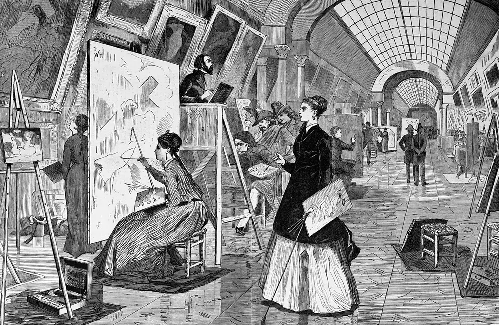 Winslow Homer engraving of art students and copyists working at easels in a Louvre gallery